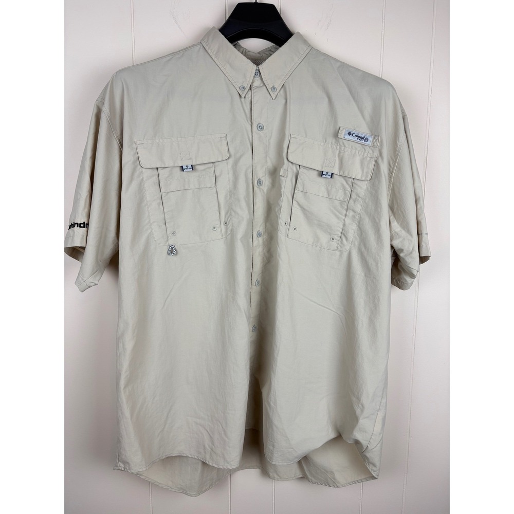 Columbia PFG Mens Short Sleeve Fishing Shirt Tan Vented Mahindra Logo XL